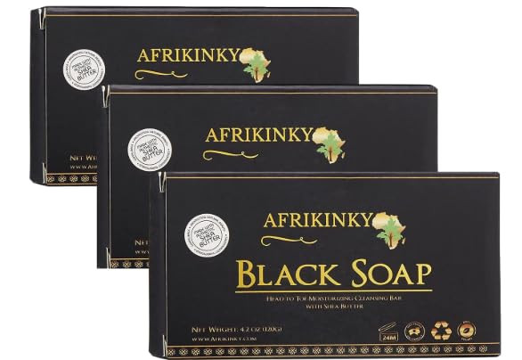 AFRIKINKY African Black Soap (3 Bars) | Authentic African Black Soap | Pure Raw Grade A  Skin Nourishing, Moisturizing -For Skin,Hair Care (Ghana) P