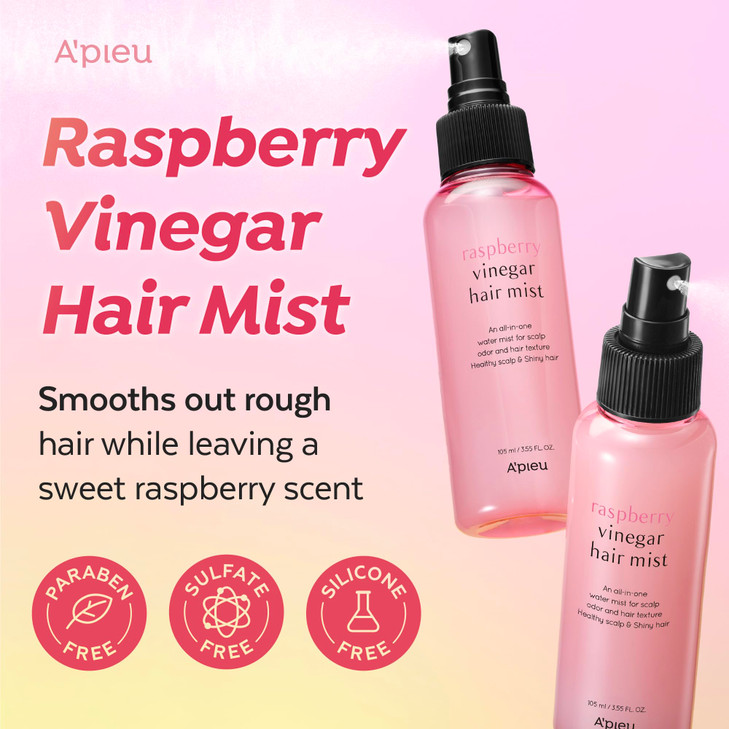 A'PIEU Raspberry Vinegar Hair Mist - Instant Hydration & Nourishing Spray for Smooth, Shiny, Frizz-Free Hair with Refreshing Floral Scent, Non-Sticky