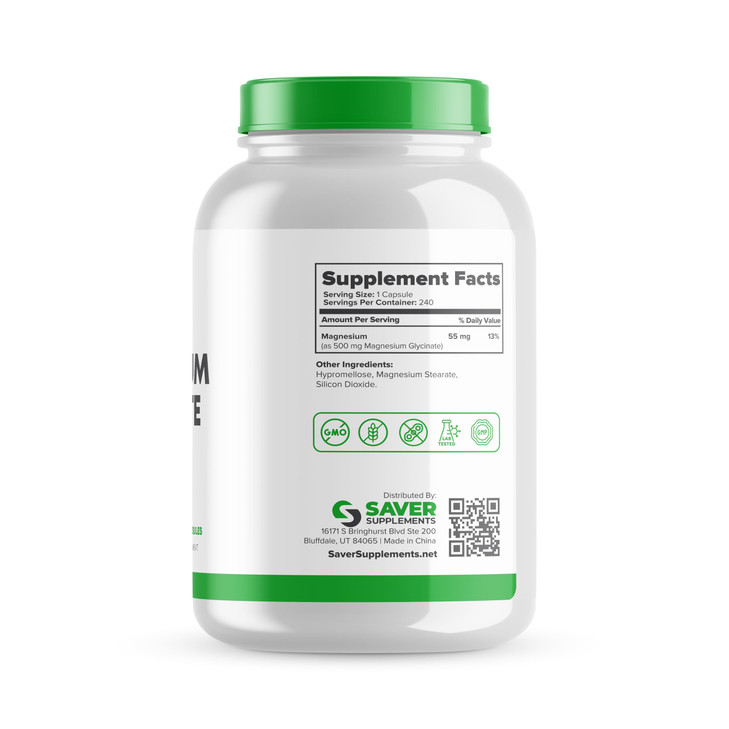 Saver Supplements Magnesium Glycinate 500mg  High Absorption, Chelated Magnesium Supplement for Muscle, Sleep, Heart, and Nerve Support  Non-GMO &