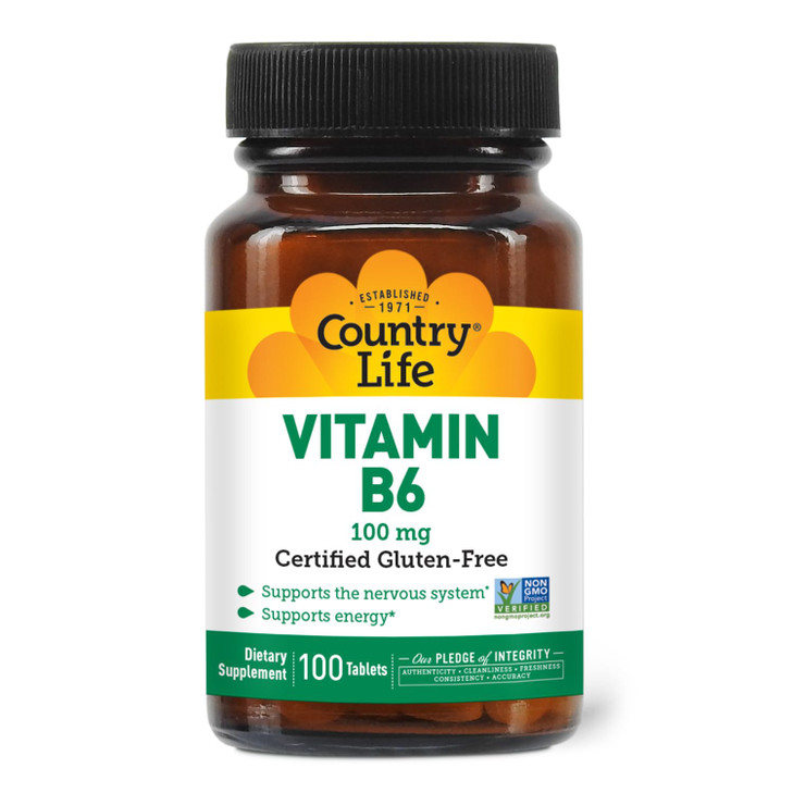 Country Life Vitamin B-6, Supports Energy and The Nervous System, 100mg, 100 Vegan Capsules, Certified Gluten Free, Certified Vegan, Certified Halal,