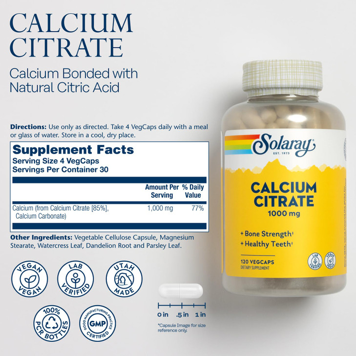 Solaray Calcium Citrate 1000mg - Chelated Calcium Supplement - Supports Bone Strength and Healthy Teeth - Easy to Digest - Vegan - 30 Servings, 120 V