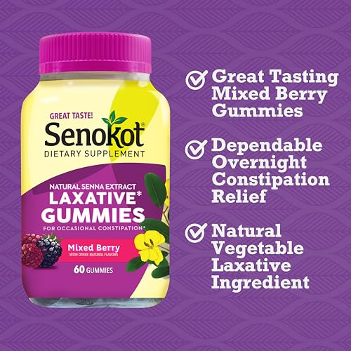 Senokot Dietary Supplement Laxative Gummies, Natural Senna Extract, Gentle, Overnight Relief From Occasional Constipation, Mixed Berry Flavor, 60 Cou