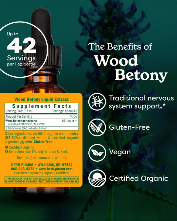 Herb Pharm Certified Organic Wood Betony Liquid Extract - 1 Ounce (DWOOD01)