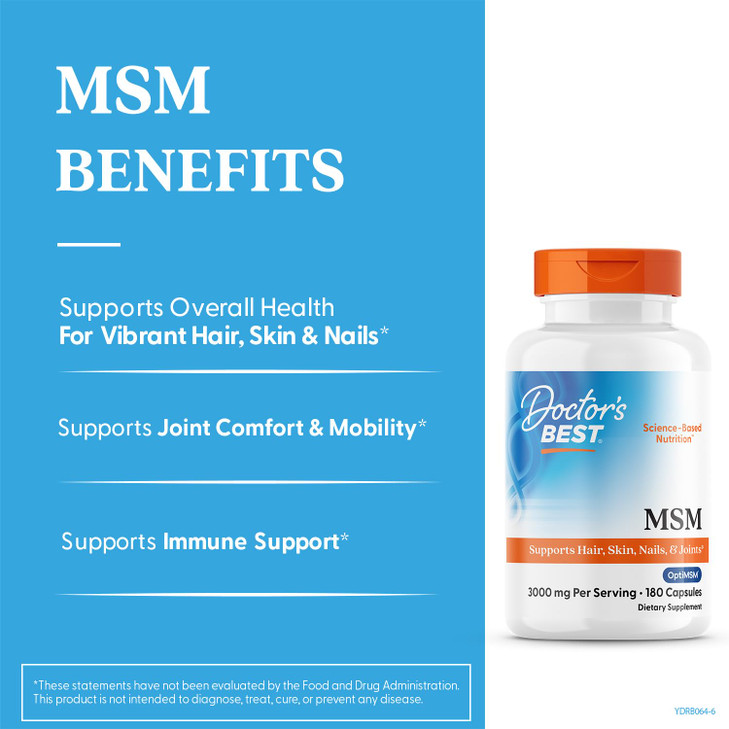 Doctors Best MSM, Supports Hair, Skin, Nails, & Joints, Non-GMO, Gluten Free, 3000 mg Per Serving, 180 Capsules