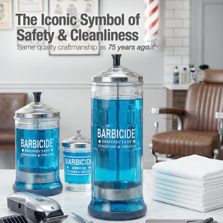 BARBICIDE Disinfectant Jar (Small - 4 Fl Oz)  Durable Glass Immersion Container with Stainless Steel Lid and Tray  Professional Salon, Spa & Barber