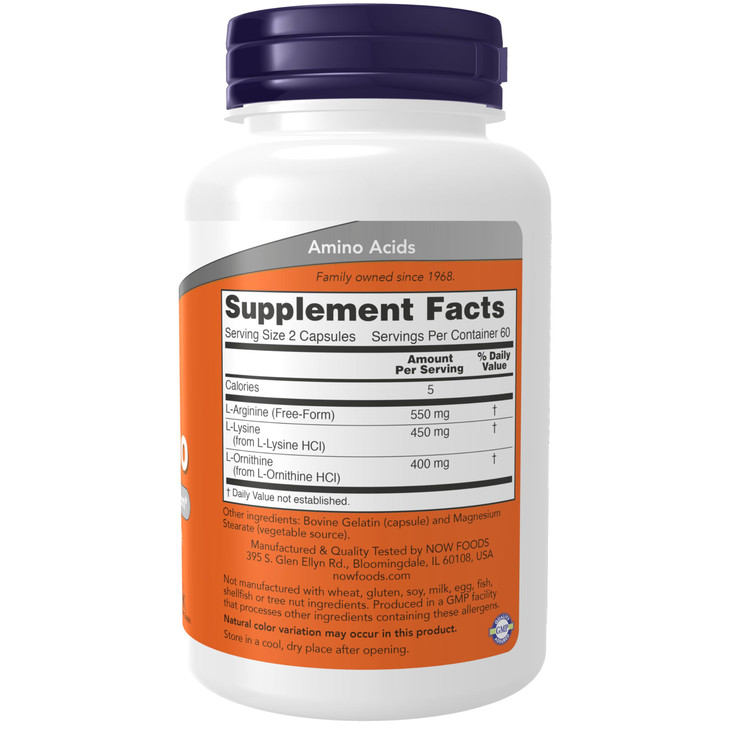 NOW Foods Supplements, Tri-Amino with L-Arginine, L-Ornithine, L-Lysine, Supports Protein Metabolism*, 120 Capsules