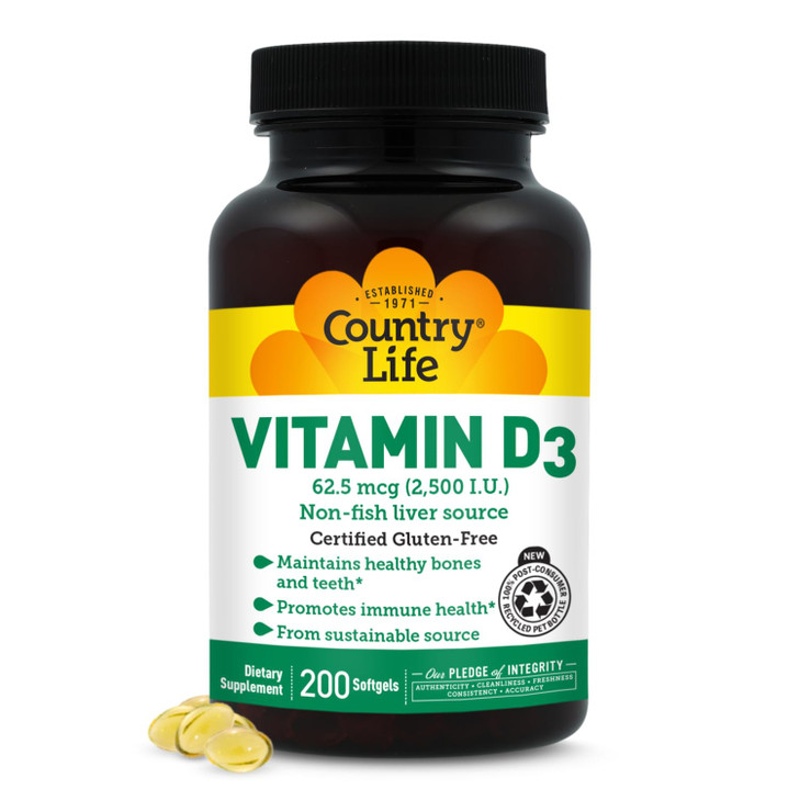 Country Life Vitamin D3 2500 IU  Non-Fish Derived, High Potency Vitamin D3 for Bone Strength, Immune Support & Calcium Absorption  Certified Gluten