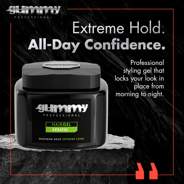 Gummy Professional Hair Gel  Maximum Hold with Keratin  Extreme Styling for Slick Back, Curly & Wet Look Hairstyles  Long-Lasting Hold & Shine  7