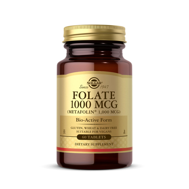 Solgar Folate 1000 mcg, 60 Tablets - 1000 mcg Bio-Active Metafolin - Vegan, Gluten Free, Dairy Free, Kosher - 60 Servings