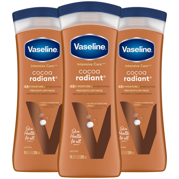 Vaseline Cocoa Radiant 3-Pack  Intensive Care Moisturizing Hand and Body Lotion with Ultra-Hydrating Lipids, Pure Cocoa Butter, 10 Oz Ea