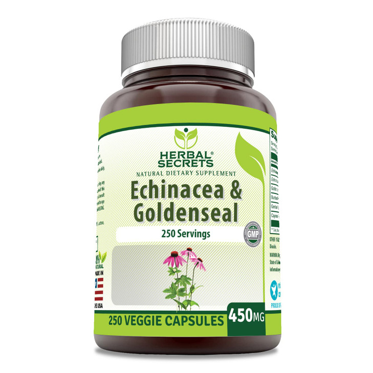 Herbal Secrets Echinacea & Goldenseal Root Supplement | 450 Mg Per Serving | 250 Veggie Capsules | Non-GMO | Gluten-Free | Made in USA (250 Veggie Ca
