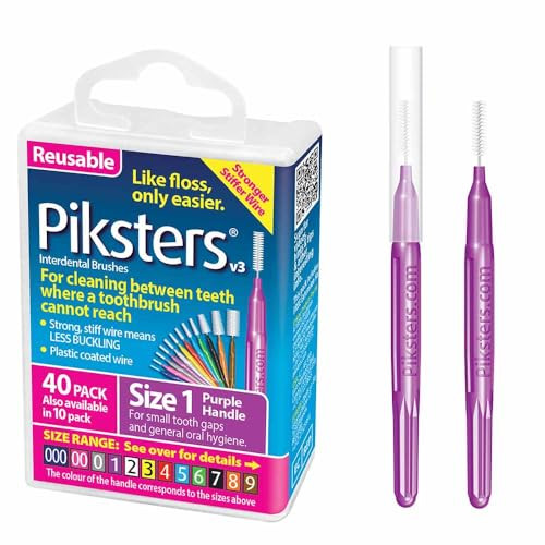 Piksters Interdental Brushes, 40 pk, Size 1, Interdental Tooth Brush for Tight Gaps, Gum Soft Bristles for Plaque Removal, Safe for Braces