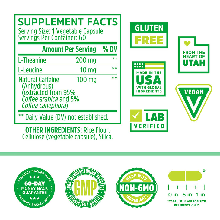 Zhou Energy + Focus - L Theanine Caffeine Pills, 200mg L-Theanine, 100mg Natural Anhydrous Caffeine Boost for Adults, Men & Women, Slow Extended Rele