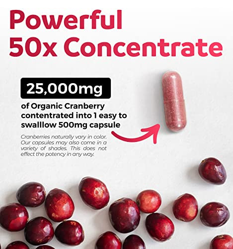 Organic Cranberry Pills - 50:1 Concentrate Equals 25,000mg of Fresh Cranberries (Vegan) for Urinary Tract Health & Kidney Cleanse - Cranberry Pills f