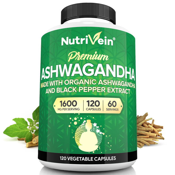 Nutrivein Ashwagandha for Men & Women - 1600mg - Enhanced with Black Pepper - High-Absorption Root Powder Ashwagandha Supplements for Mood Balance, R