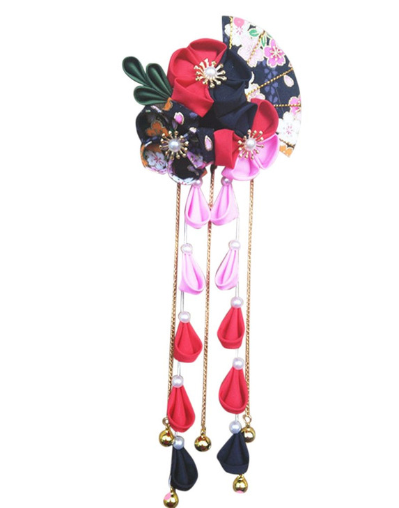 CRB Fashion Womens Girls Kimono Traditional Tsumami Kanzashi Outfit Wedding Japanese Asian Yukata Hair Tie Flower Floral Fan Barrette Clip (Black/Red