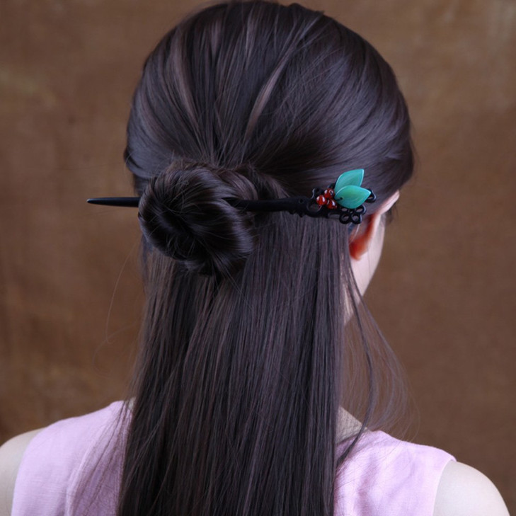 Ebony Wooden Vintage Leaves Hair Stick Handmade Carved Hair Pins 7.08" Chinese Hair Chopsticks for Women(1pack)