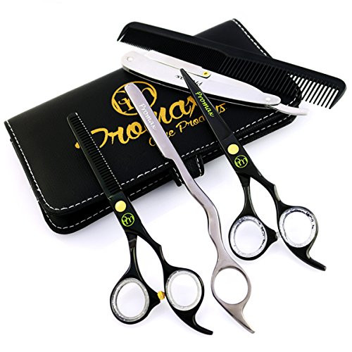 ProMax Barber Hair Cutting Shears 5 PCs Set- Made Of Japanese Black Titanium Stainless Steel,With Barber and Thinning Shears 6.5"-Exchangeable Blade