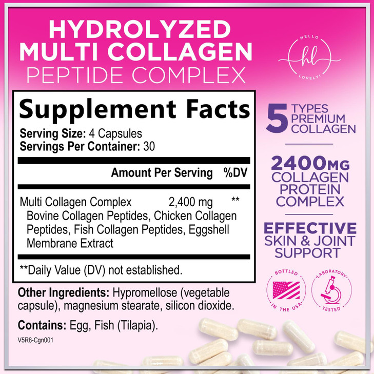 Multi Collagen Supplement 2400 mg - Types I, II, III, V & X Multi Collagen Peptides Pills for Women & Men, Hydrolyzed Collagen Supplements, Hair, Ski