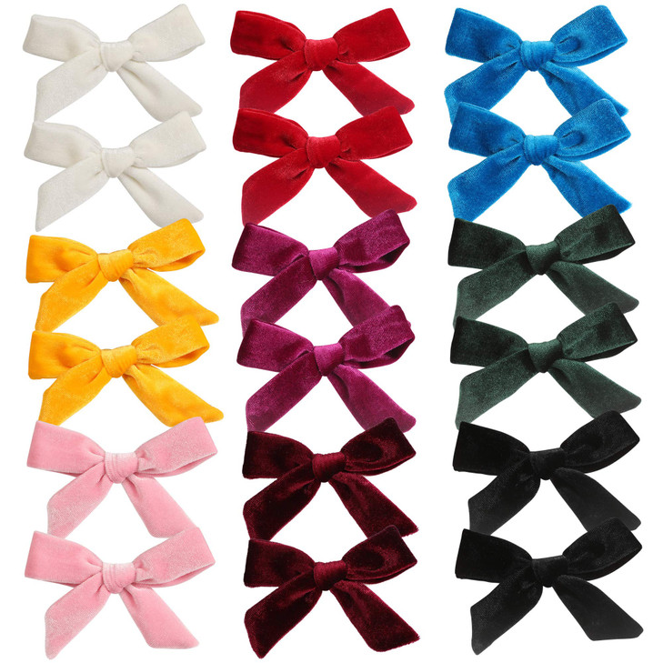inSowni 18 Pack/9 Pairs Solid Velvet Bow Ponytail Pigtail Alligator Hair Clips Barrettes Hair Accessories for Baby Girls Toddlers Teens Kids