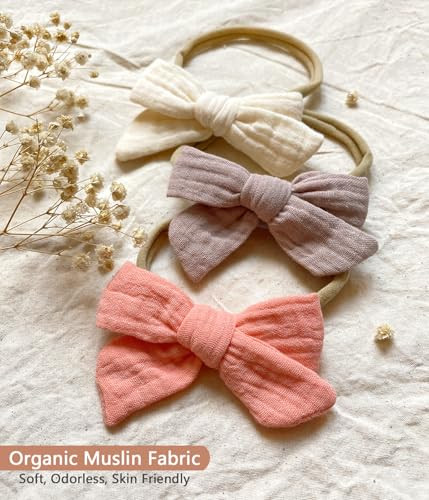 Cherssy Muslin Hair Bows and Headbands for Baby Girls, 10pcs Soft Nylon Hairbands for Newborn, Infants, Toddlers
