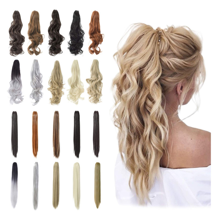 Qunlinta Hair Extensions Ponytail 18" 20" Claw Curly Wavy Ponytail Extension Straight Clip in Synthetic Hairpiece Ash Blonde Mix Light Brown