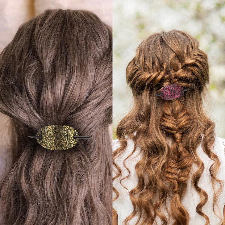 Noverlife 6PCS Leather Hair Barrettes with Stick, Square Shape Hair Accessories Set - Ponytail Holders, Clips with Wood Slide Stick for Women Girls