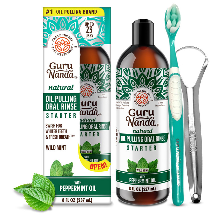 GuruNanda Starter Pulling Oil Mouthwash for Natural Teeth Whitening, Coconut and Peppermint Oil for Fresh Breath & Happy Gums, with Toothbrush & Tong