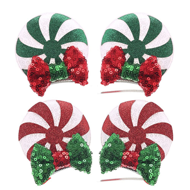 JIAHANG Christmas Mouse Ear Clips with Glittering Sequin Bow 2 Pairs, Lollipop Girls' Hair Barrettes Hair Accessories for Theme Party Festival Decora