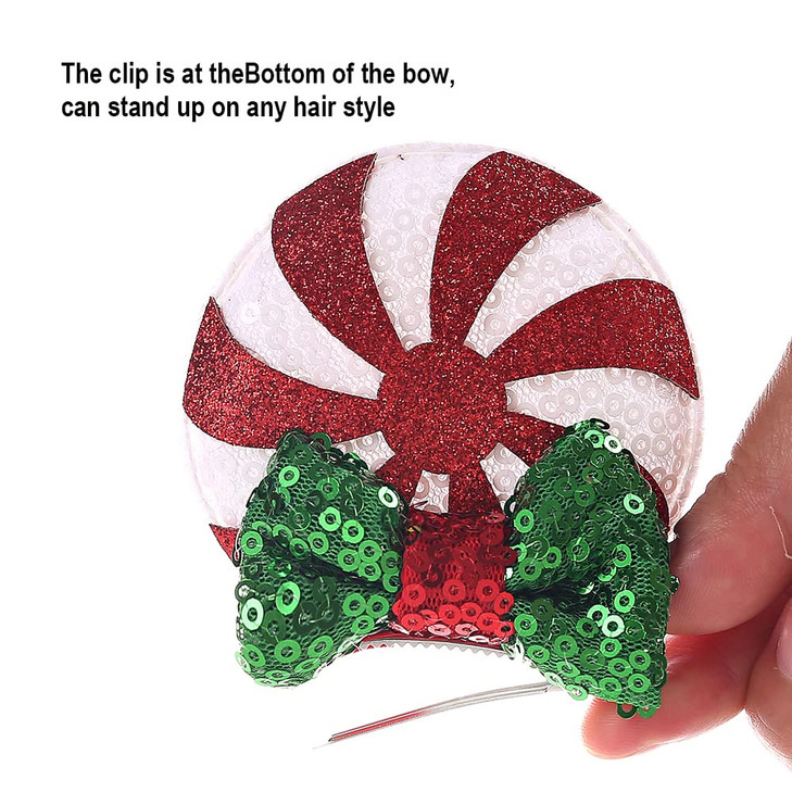 JIAHANG Christmas Mouse Ear Clips with Glittering Sequin Bow 2 Pairs, Lollipop Girls' Hair Barrettes Hair Accessories for Theme Party Festival Decora