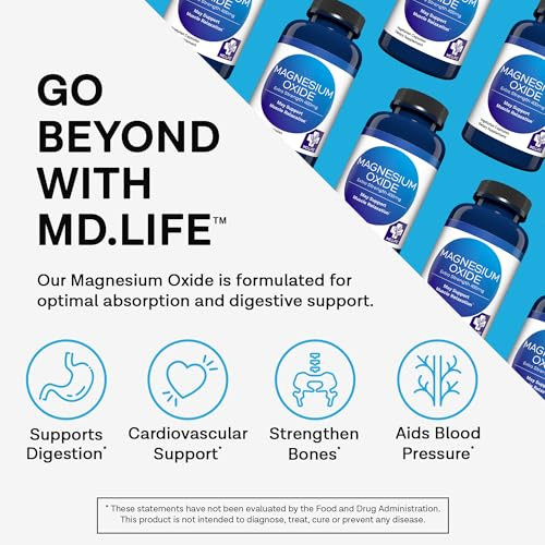 MD. Life Magnesium Oxide 400mg Capsules - High Absorption Magnesium Supplement for Leg Cramps, Sleep & Vascular Health - 90 Capsules - Non-GMO Pills