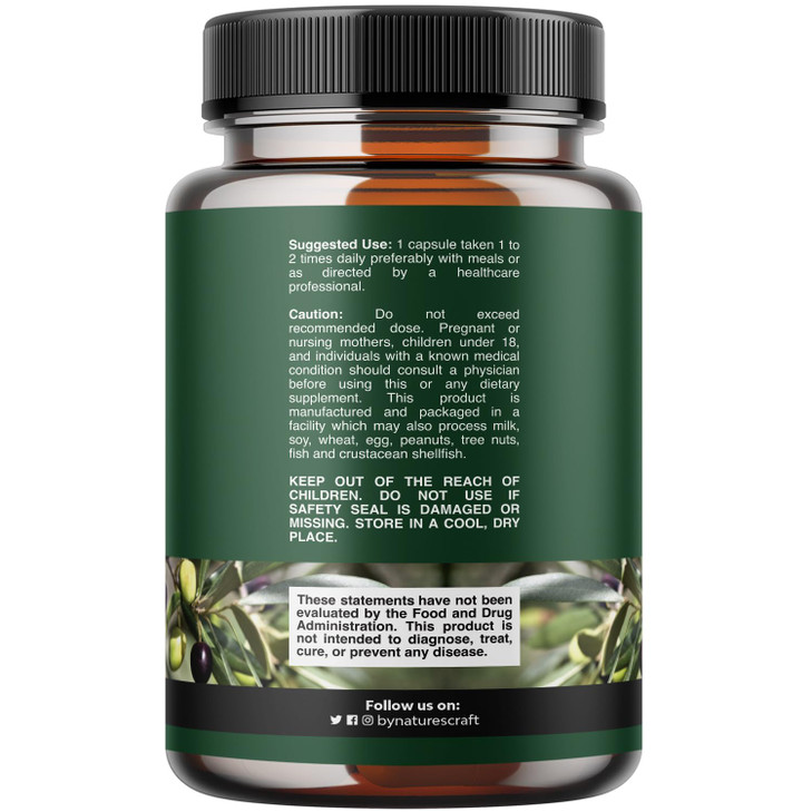 Potent Olive Leaf Extract Capsules - High Strength Antioxidant Supplement with Pure Olive Leaf with 20% Oleuropein - Herbal Heart Health Supplement -