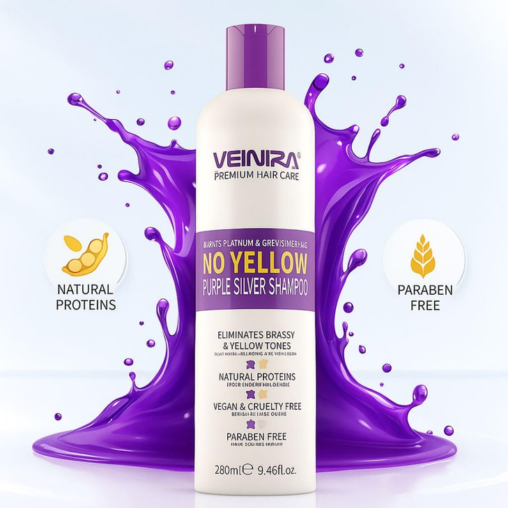 VEINIRA: Purple hair shampoo 9.46fl.oz- for Blonde, Silver, Gray, Bleached and Highlighted Hair, Anti Brass Shampoo Toner to Remove Yellow Tones