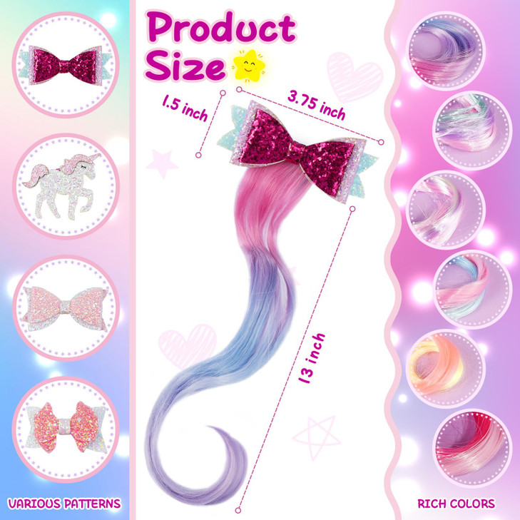 6 Pieces Unicorn Hair Clips for Girls, Bow Curly Rainbow Hair Extensions for Kids, Little Girl Hair Clips Accessories for Ponytails Princess Dress Up