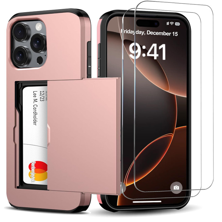 Benbenjaytek for iPhone 16 Pro Wallet Case with Card Holder + 2 Tempered Glass Screen Protector Protective Shockproof Hidden Card Slot Slim Case Wome