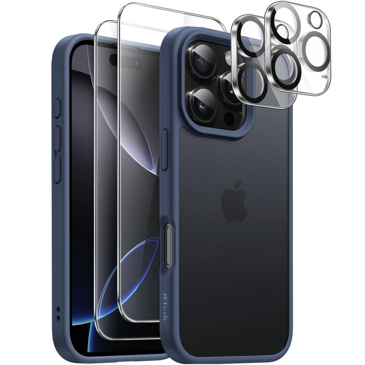 JETech 5 in 1 Matte Case for iPhone 16 Pro Max 6.9-Inch with 2-Pack Each Tempered Glass Screen Protector and Camera Lens Protector, Translucent Back