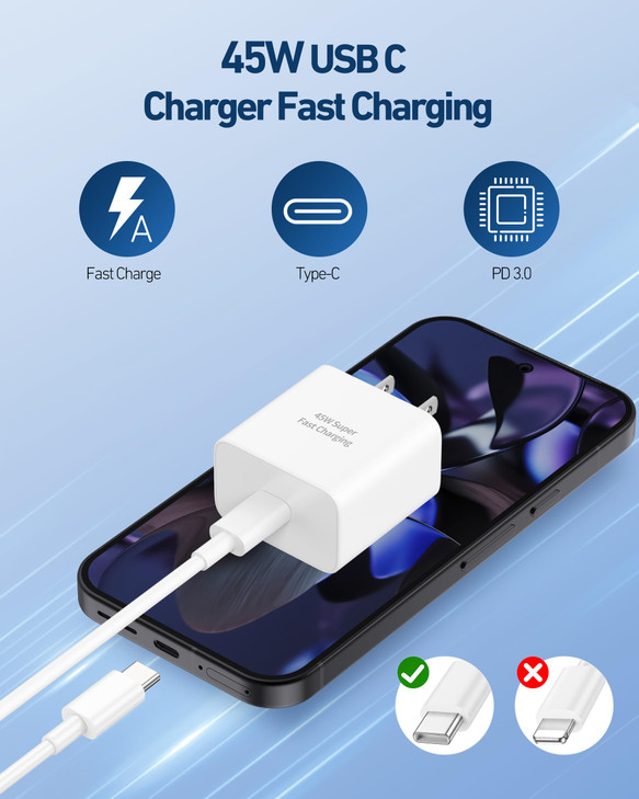 45W USB C Fast Charger for Google Pixel 10/10 Pro/10 Pro XL/10 Pro Fold/9/9 Pro XL/8/8a/8 Pro/7/7a/6/5/4 XL, 45W Type C Super Fast Charger Block with
