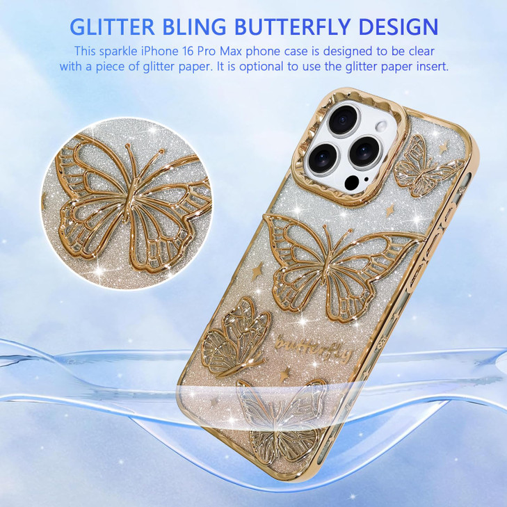 KANGHAR Glitter Case for iPhone 16 Pro Max 6.9", Bling Cute Gradient 3D Butterfly Pattern Luxury Plating Designed for Women Girls, Slim Fit Soft TPU