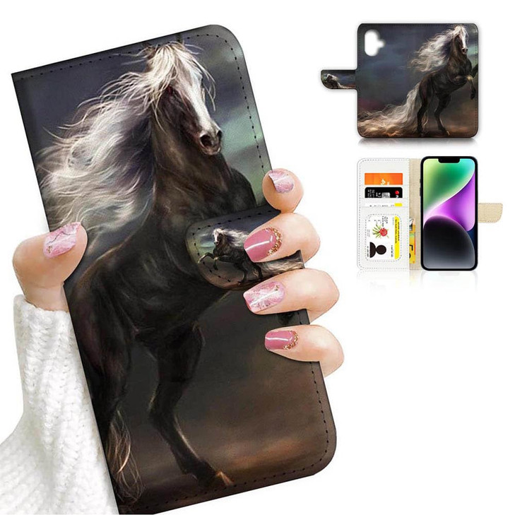 for iPhone 16 Plus, Designed Flip Wallet Phone Case Cover, A31070 Black Horse