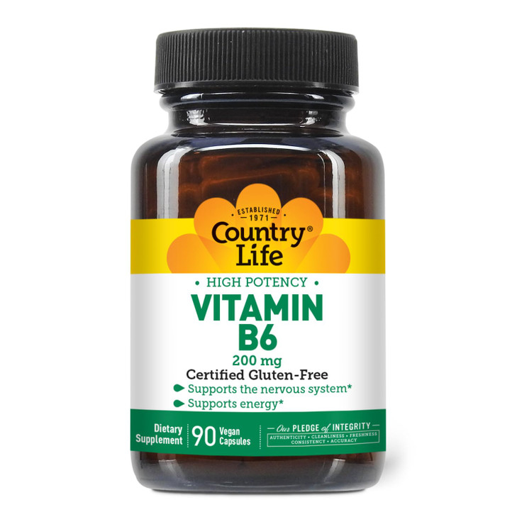 Country Life Vitamin B-6, High Potency, Supports Energy and The Nervous System, 200mg, 90 Vegan Capsules, Certified Gluten Free, Certified Vegan, Cer