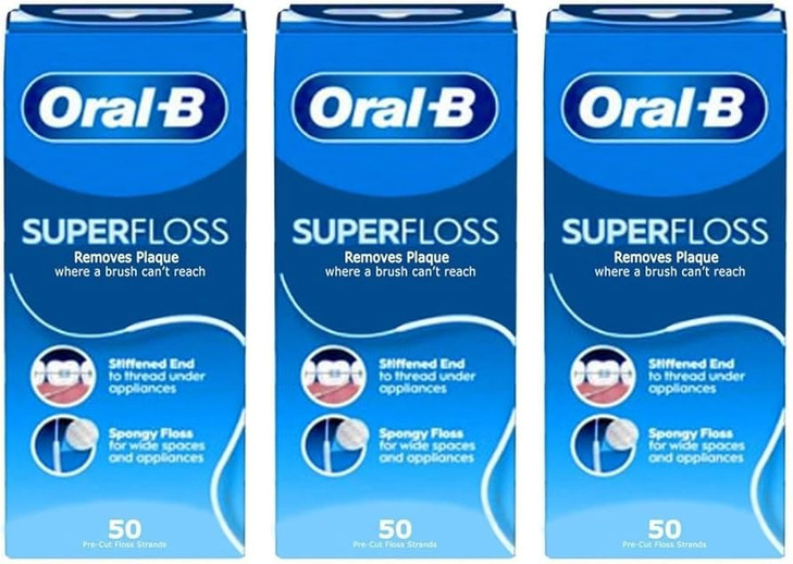 Oral-B Super Floss Mint Dental Floss for Braces Bridges - 50 Strips ( Packs 3 )