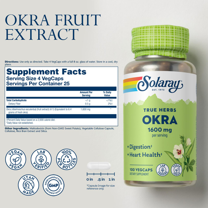 SOLARAY Okra Fruit 1600 mg - High Fiber Supplement for Wellness Support - Rich Source of Soluble Fiber - Equivalent of 6.4 g Fresh Okra per Serving,