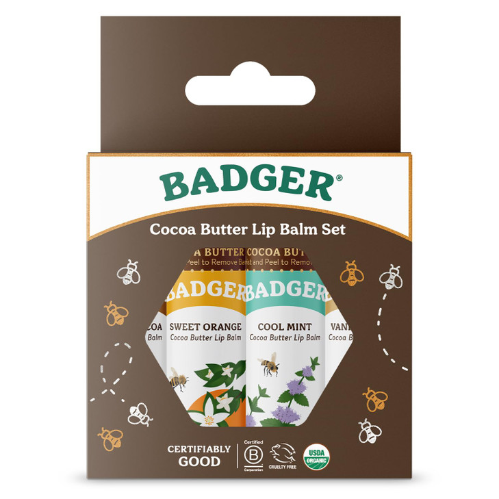 Badger Cocoa Butter Lip Balm Set, 100% Organic, Long Lasting Lip Moisturizers, Lip Care Variety Pack (Cocoa, Orange, Mint & Vanilla), All Natural Lip