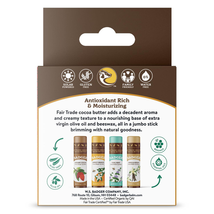 Badger Cocoa Butter Lip Balm Set, 100% Organic, Long Lasting Lip Moisturizers, Lip Care Variety Pack (Cocoa, Orange, Mint & Vanilla), All Natural Lip