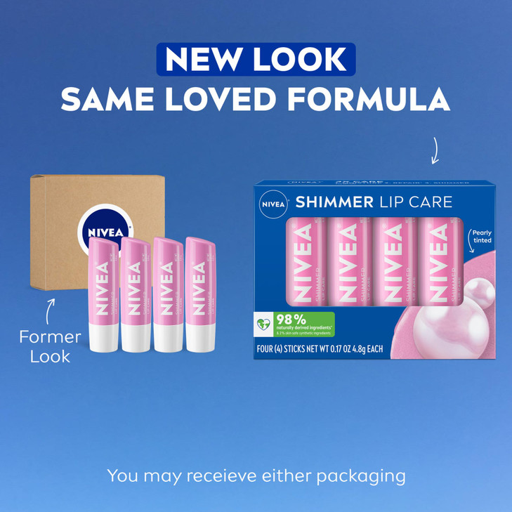 NIVEA Shimmer Lip Care, Shimmery Lip Balm Pack with Shea Butter, Nourishing Oils and Vitamin C & E, 3-in-1 Moisture, Repair and Shimmer, 0.17 Oz Stic