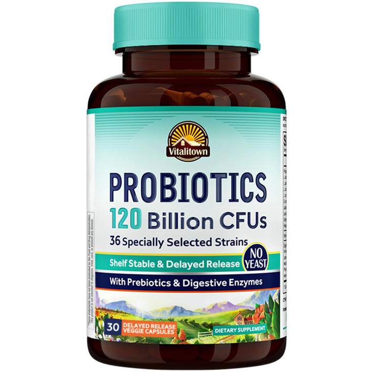 VITALITOWN Probiotics 120 Billion CFUs | 36 Strains, with Prebiotics & Digestive Enzymes for Men Women | Shelf Stable | Digestive Health & Immune Sup
