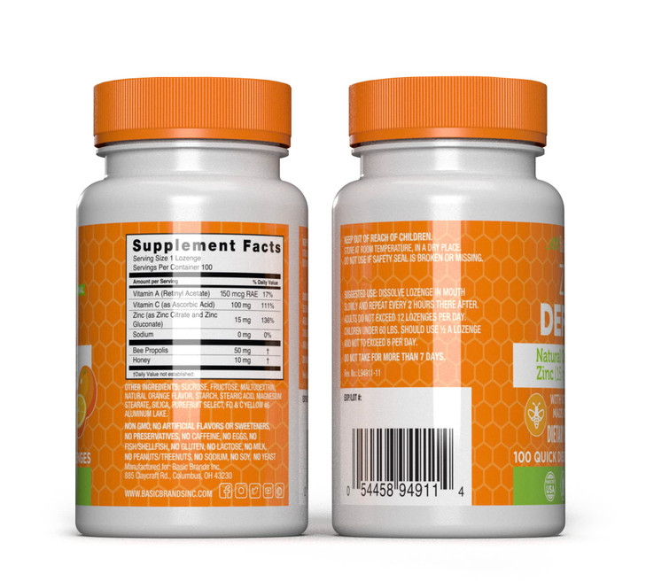 Basic Brands  Zinc Orange Defend - 100 Lozenges - Natural Orange Flavor ZincLozenges - Immune Boost, Cold Relief, Non-GMO, Zinc Acetate & Vitamin C