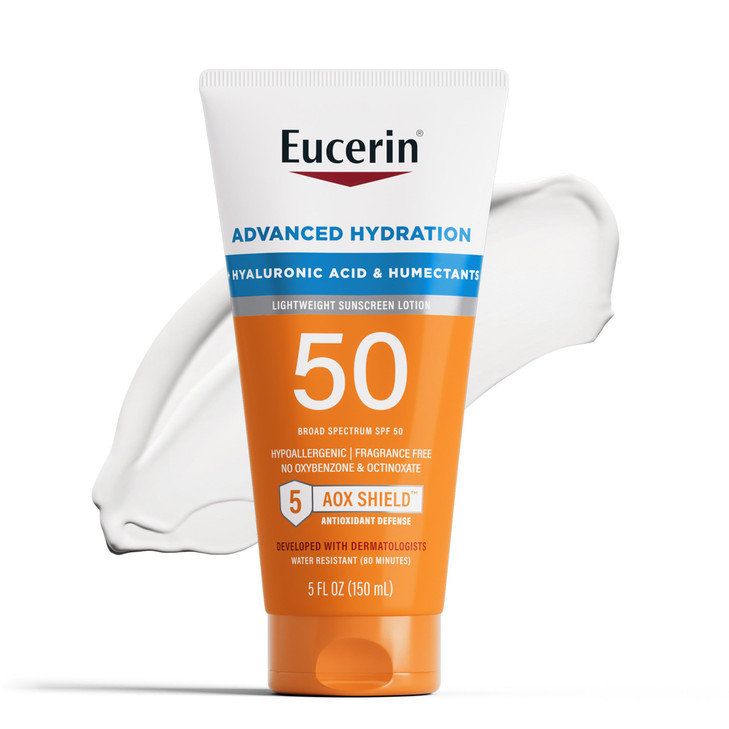 Eucerin Sun Advanced Hydration SPF 50 Sunscreen Lotion, Lightweight Sunscreen with Hyaluronic Acid and Humectants, Hypoallergenic, Fragrance Free, No