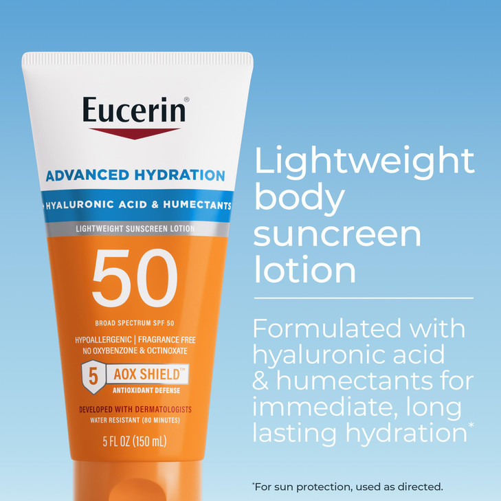 Eucerin Sun Advanced Hydration SPF 50 Sunscreen Lotion, Lightweight Sunscreen with Hyaluronic Acid and Humectants, Hypoallergenic, Fragrance Free, No