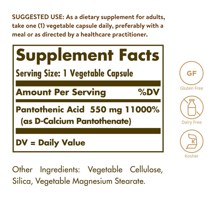 Solgar Pantothenic Acid 550 mg Vegetable Capsules Vitamin B5 Energy Metabolism Nervous System Support Gluten Free Dairy Free Kosher Servings, Standar